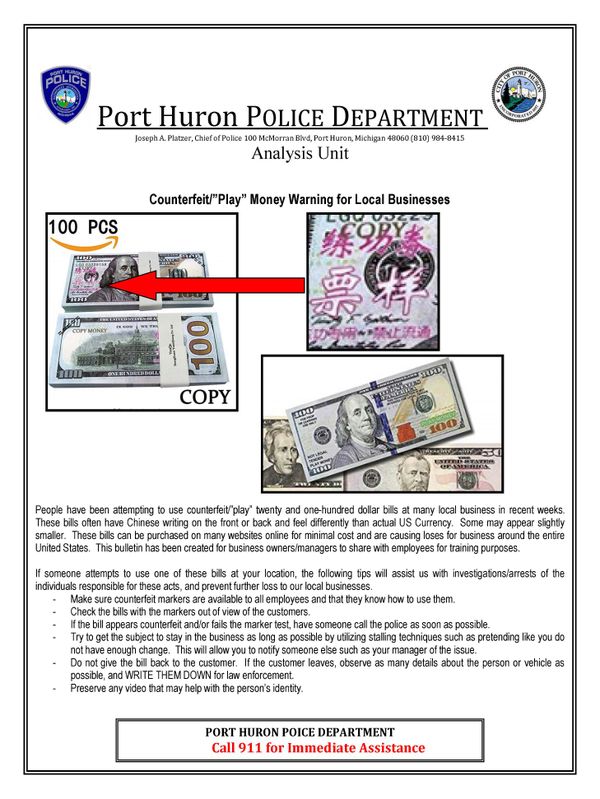Port Huron PD advises merchants to check for counterfeit money