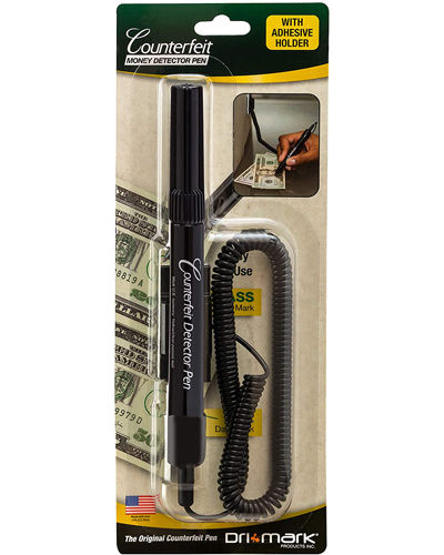 Counterfeit Money Detector Pen with adhesive holder in packaging