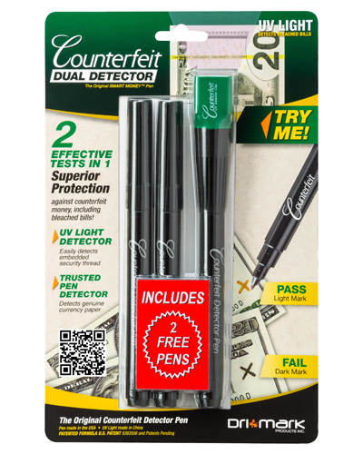 Dri Mark Counterfeit Dual Detector and two pens in packaging