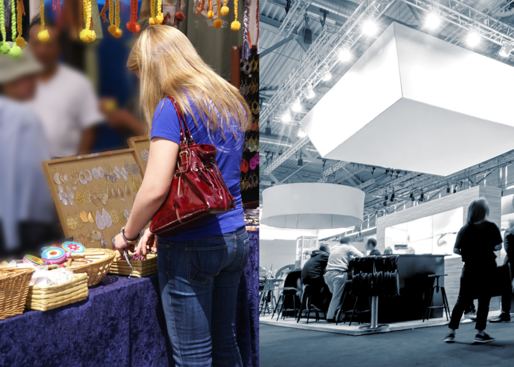 Image of a woman shopping at a trade show and trade show exhibitors